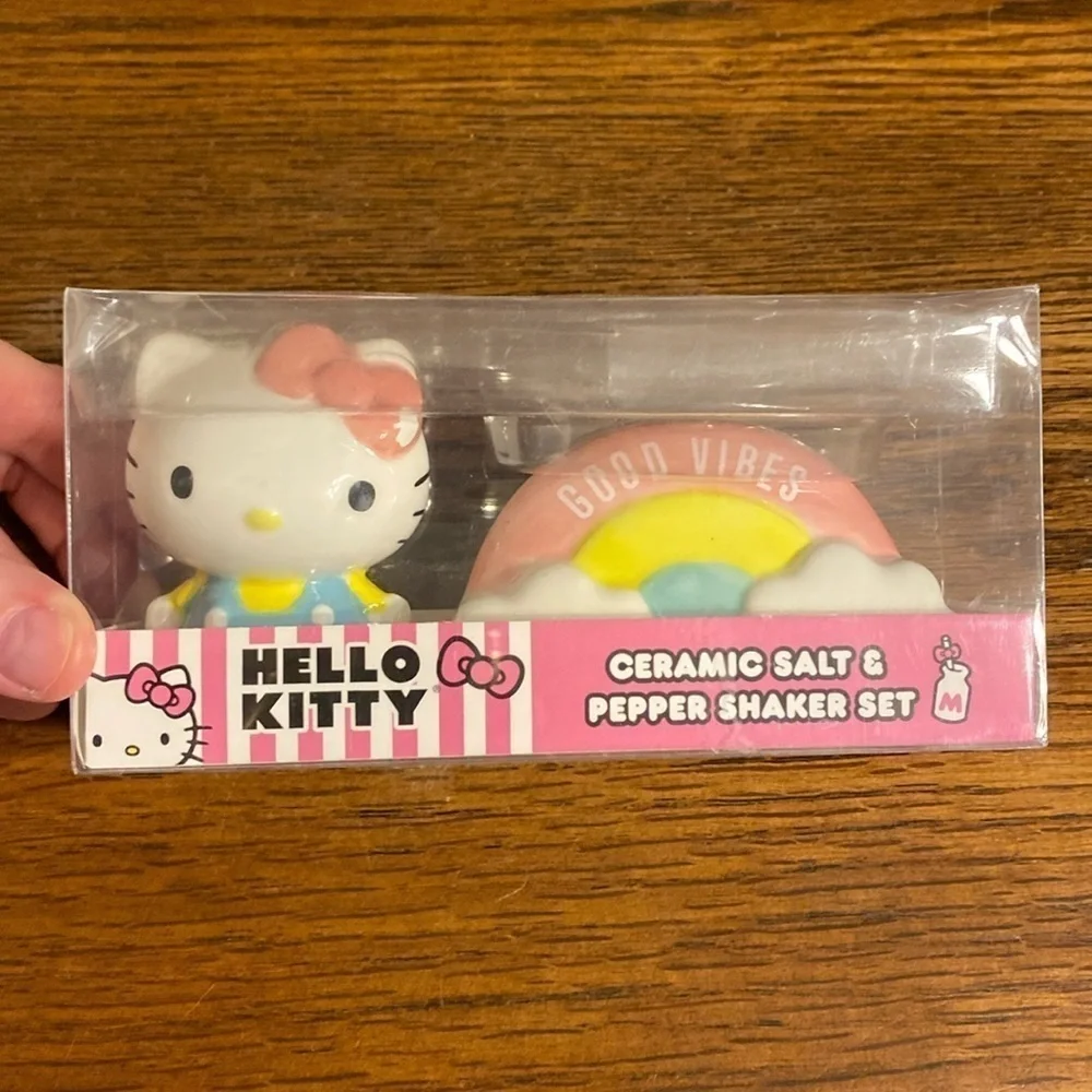 Sanrio Hello Kitty Ceramic Salt and Pepper Shaker Set Rainbow Good Vibes Box